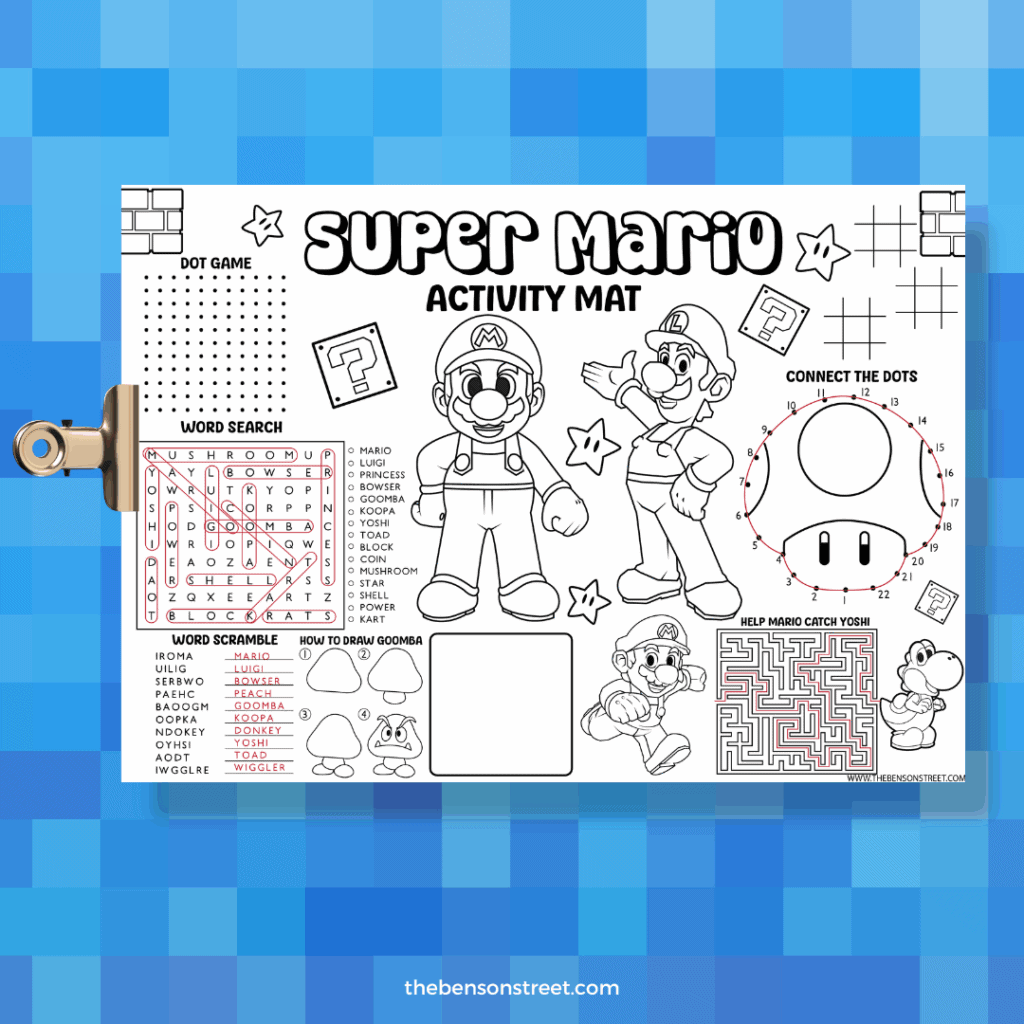 Answer Page for a Super Mario Activity Mat on a clipboard