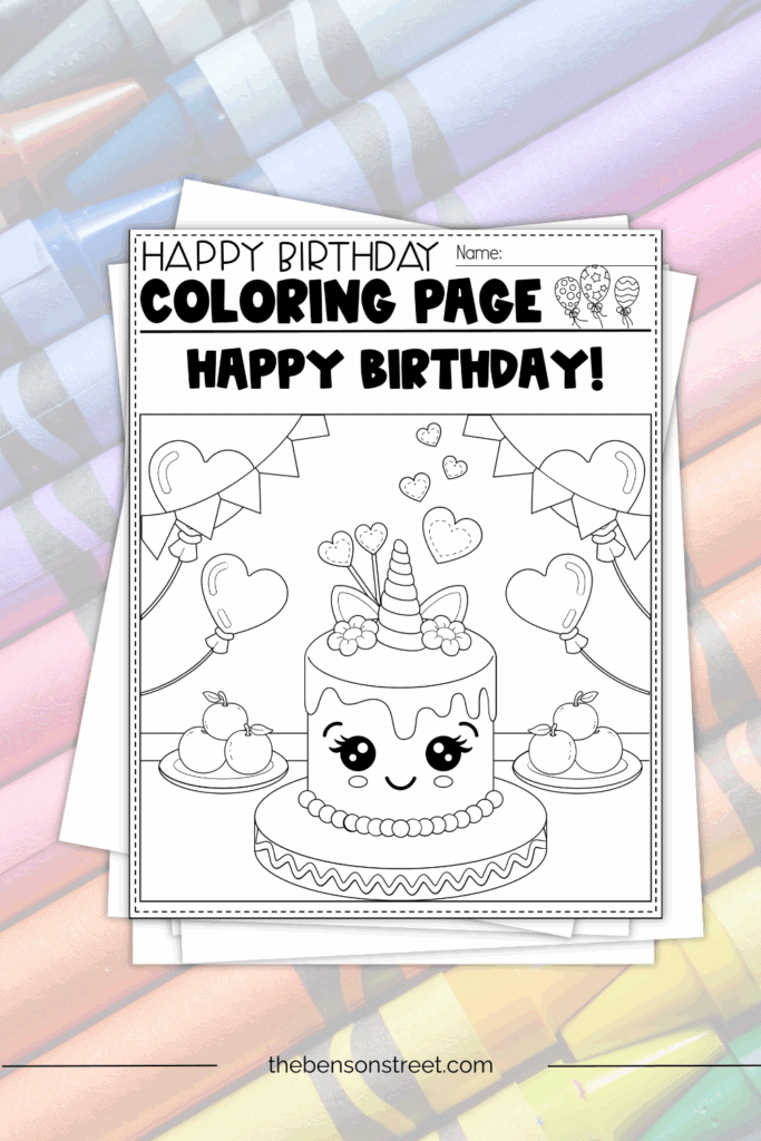 Birthday Coloring Page with crayons in the background