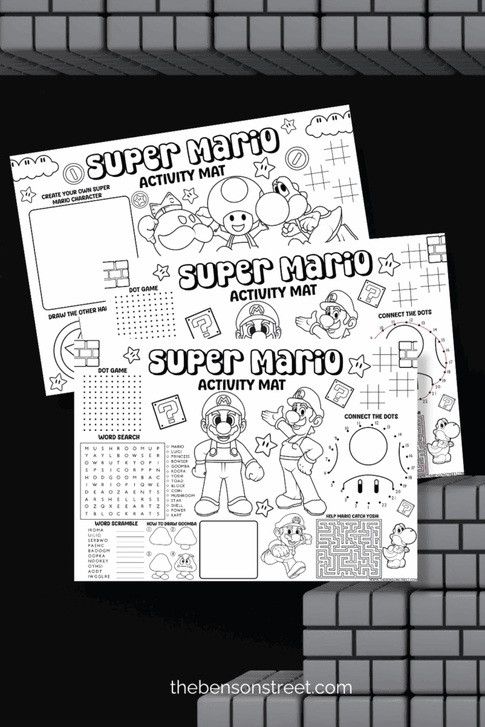 Black and white activity mats with a super mario theme and activities