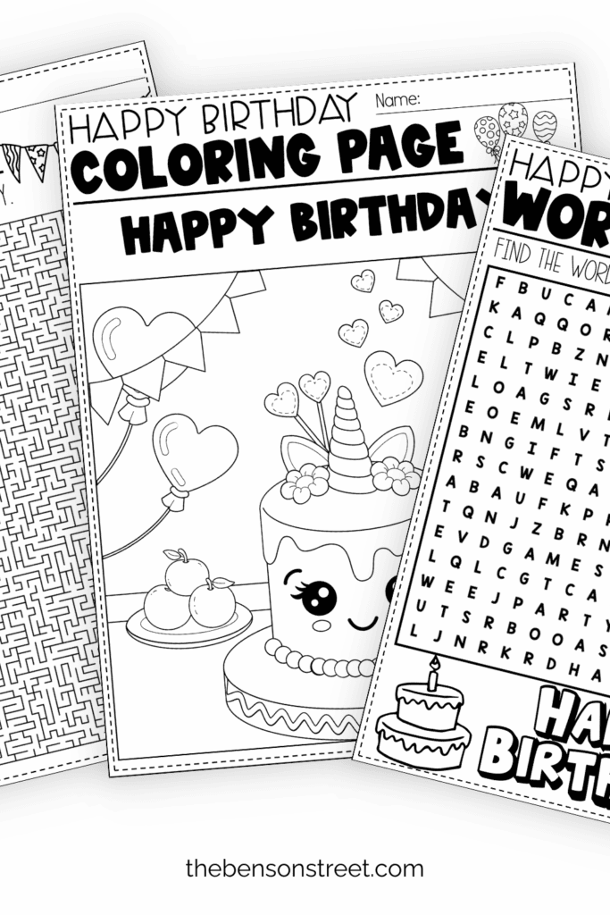 Black and white activity pages for birthdays three sheets fanned out