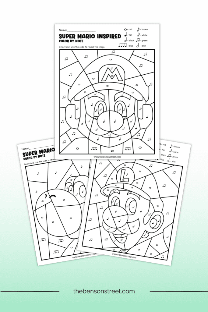 Black and white mario, yoshi, and luigi color by note pages