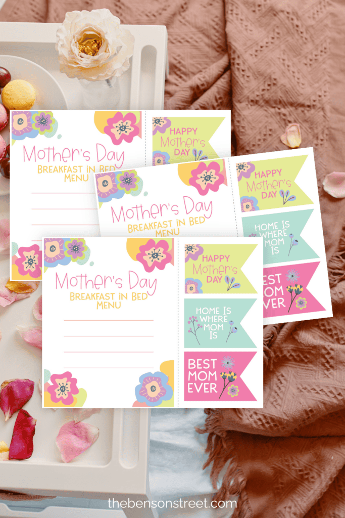 Breakfast flat lay with three pages of printables for a Mother's Day breakfast