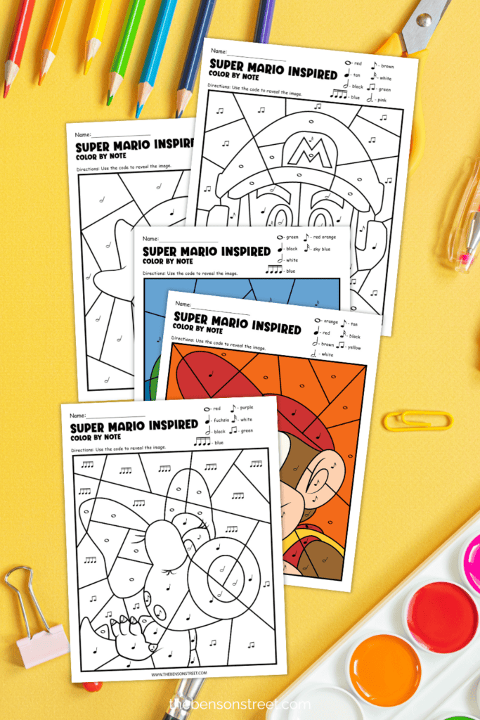 Color by Note Pages with Super Mario Sheets free printable