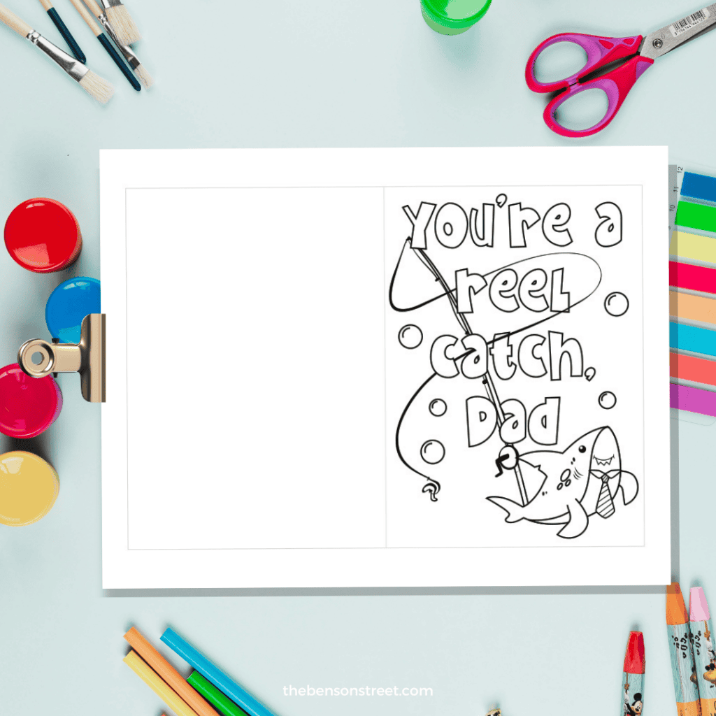 Coloring supplies background with a free printable you're a reel catch dad shark coloring card