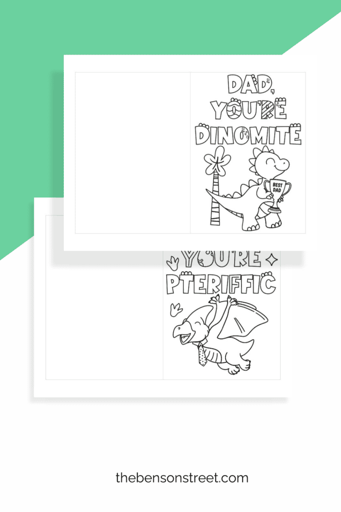 Dad you're dinomite coloring card laying on top of another free to print coloring card for Father's day