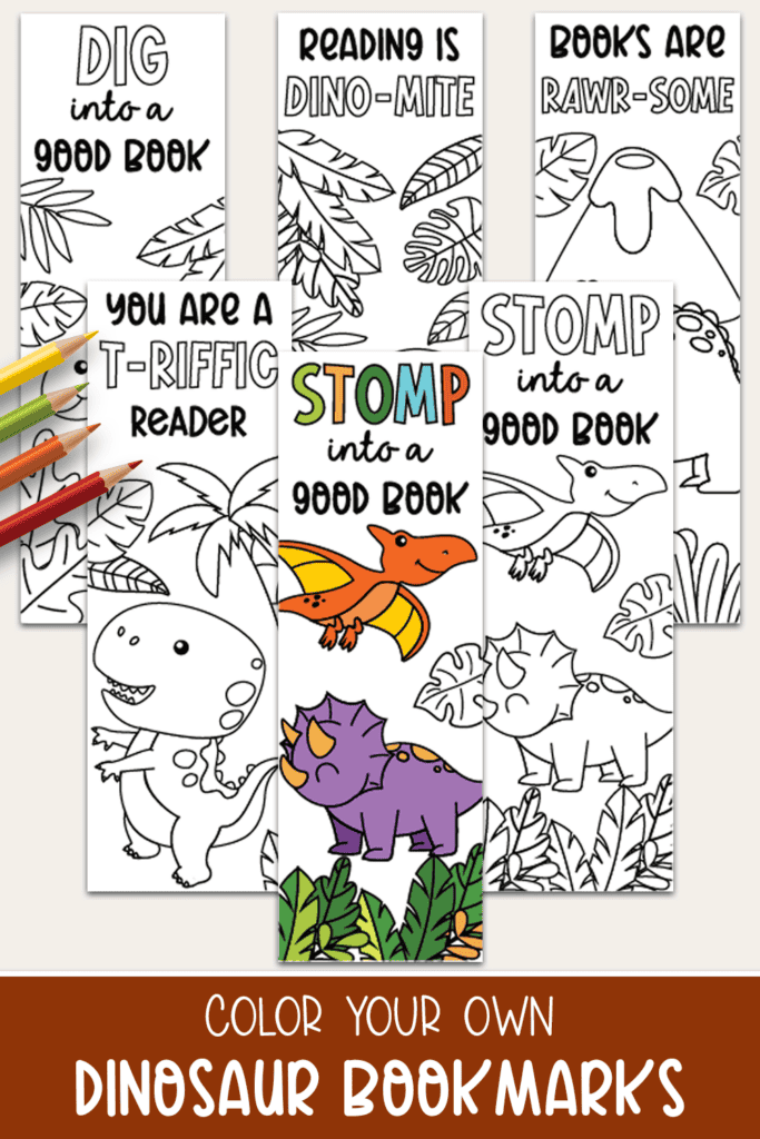 Flat lay of dino bookmarks to color in free printable