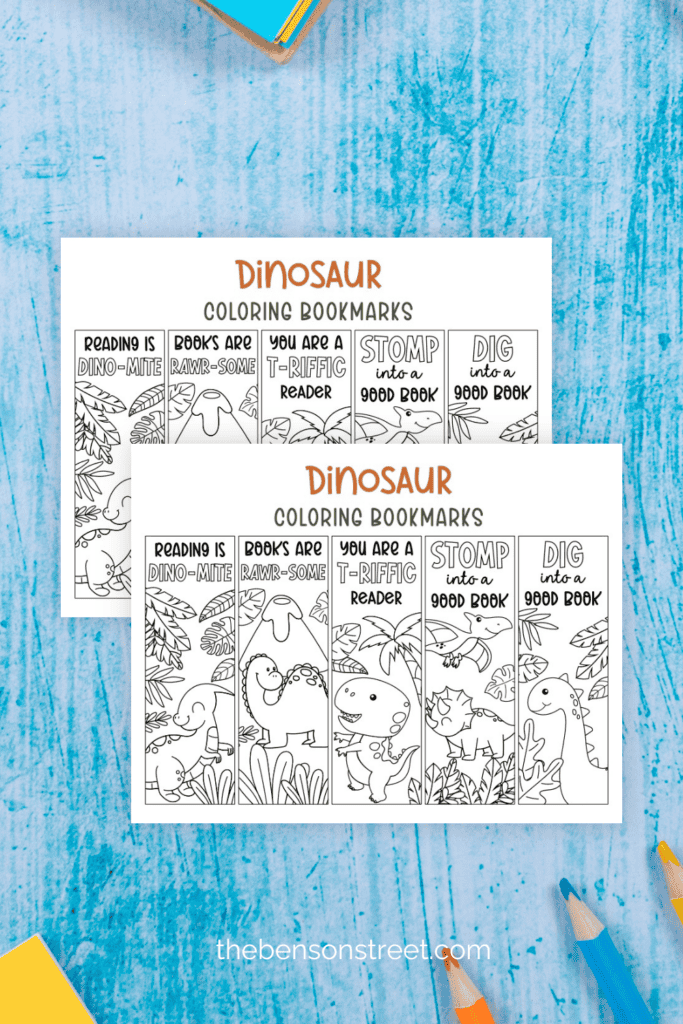 Dinosaur themed coloring bookmarks free to print pages on a blue background