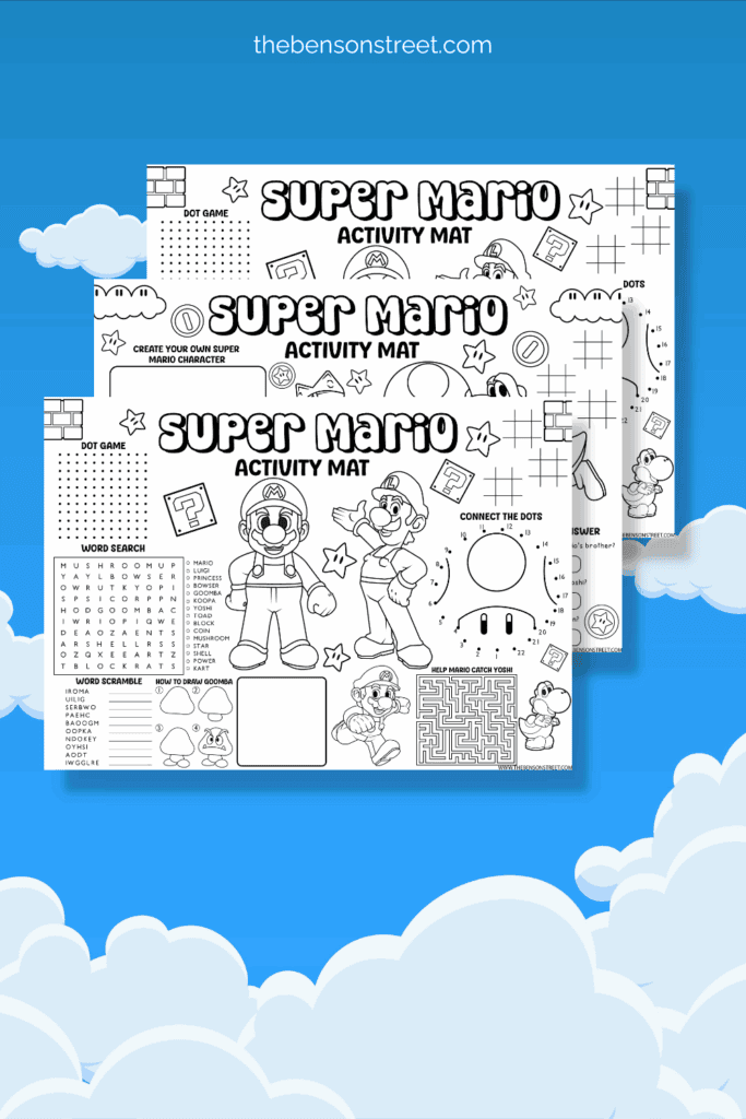 FREE Super Mario Activity Mats in a staggered stack on a sky background