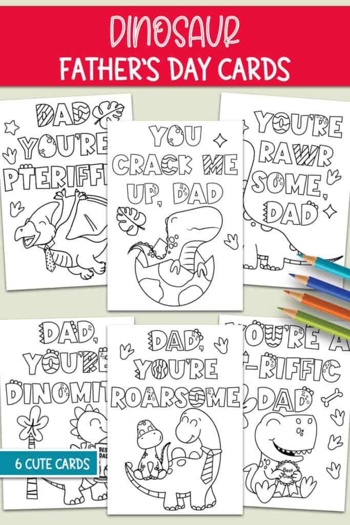 Flat lay shot from above of 6 dinosaur coloring cards for Father's Day