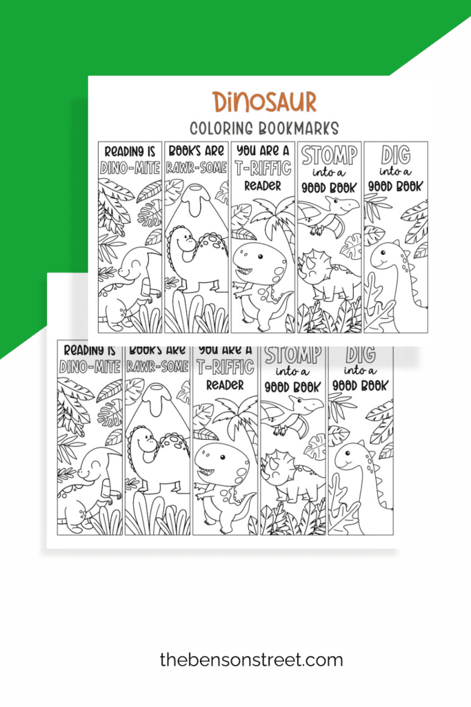 Five Different Dinosaur Coloring Bookmarks Free Printable pages to color