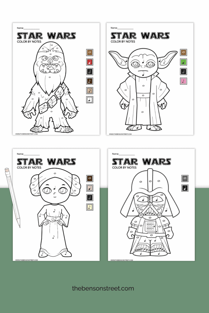 Four different Star Wars Themed Color by Note Pages