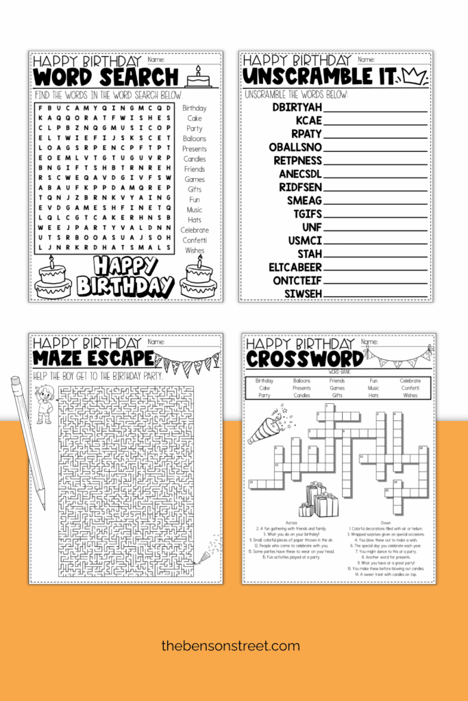 Four different black and white printable birthday activities pack
