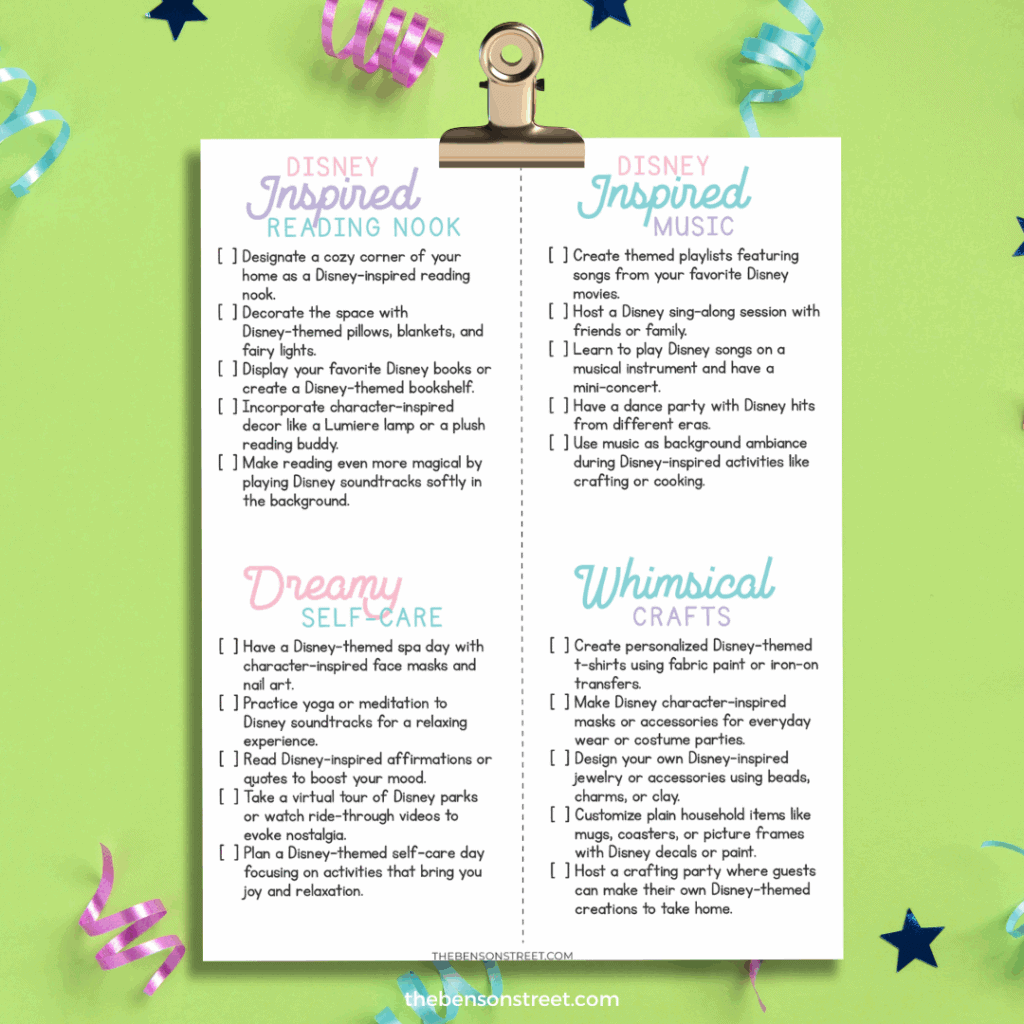 Four different list of printable disney activities on a clipboard