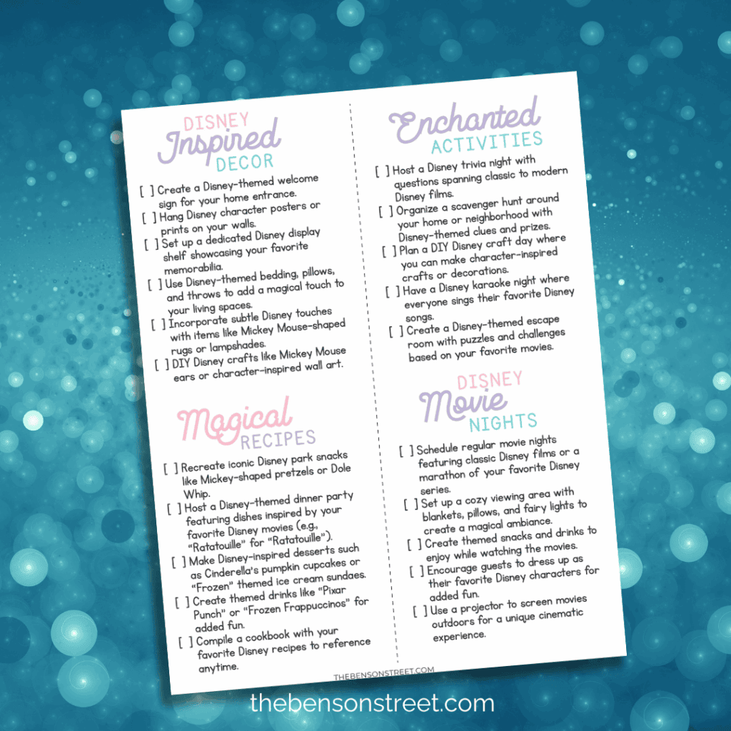 Four different lists of disney themed activities with printable lists