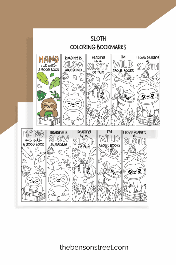 Free Bookmarks with a sloth theme to color in and customize