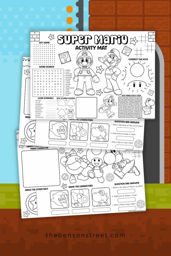 Free Printable Activity Mats around a Super Mario Theme for kids
