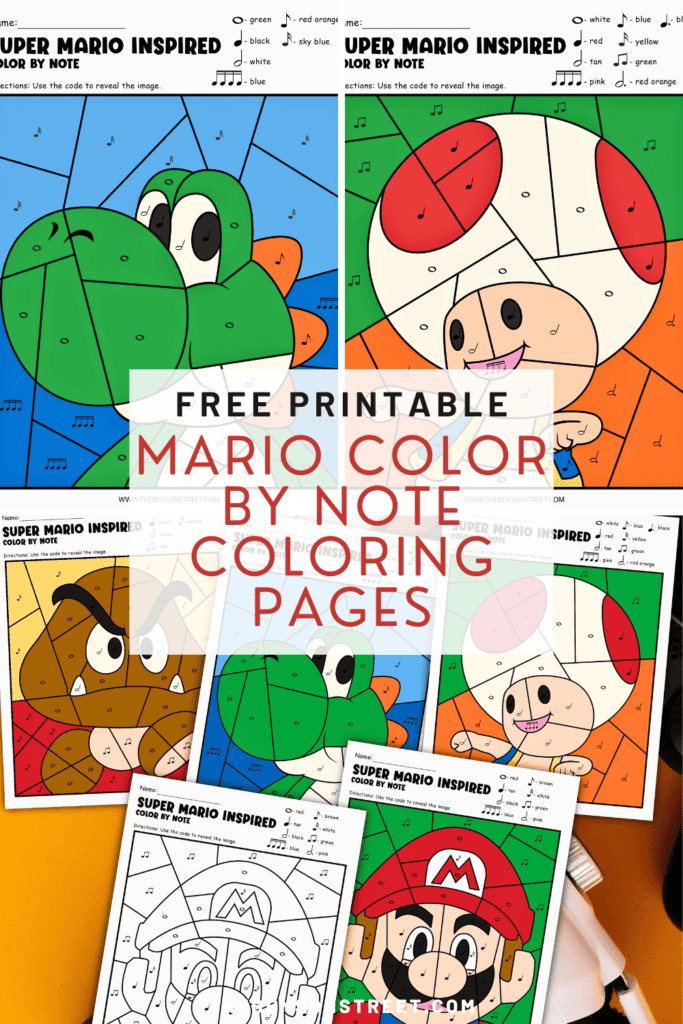 Free Printable Mario Color by Note Coloring Pages to learn music notes and a fun activity