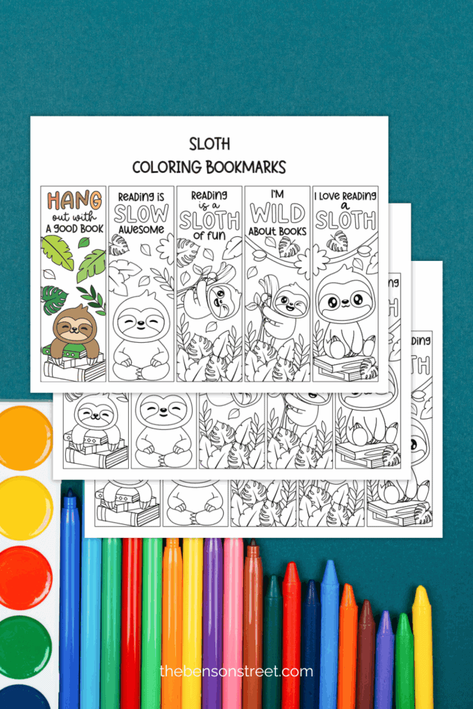 Free Printable Sloth Bookmarks to color in after printing out on top of markers and teal background