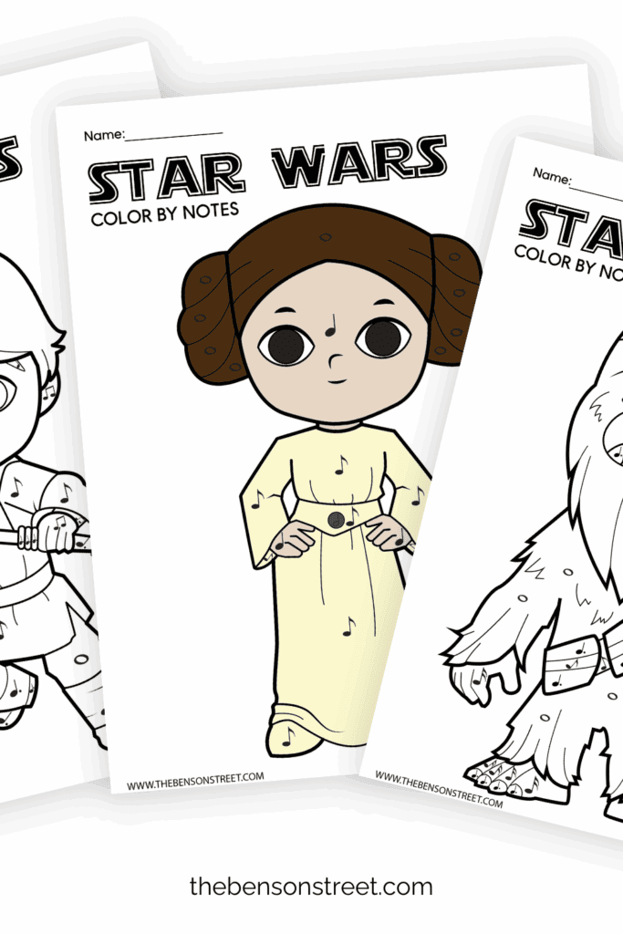 Free Printable Star Wars Color by Note Pages fanned out in a stack