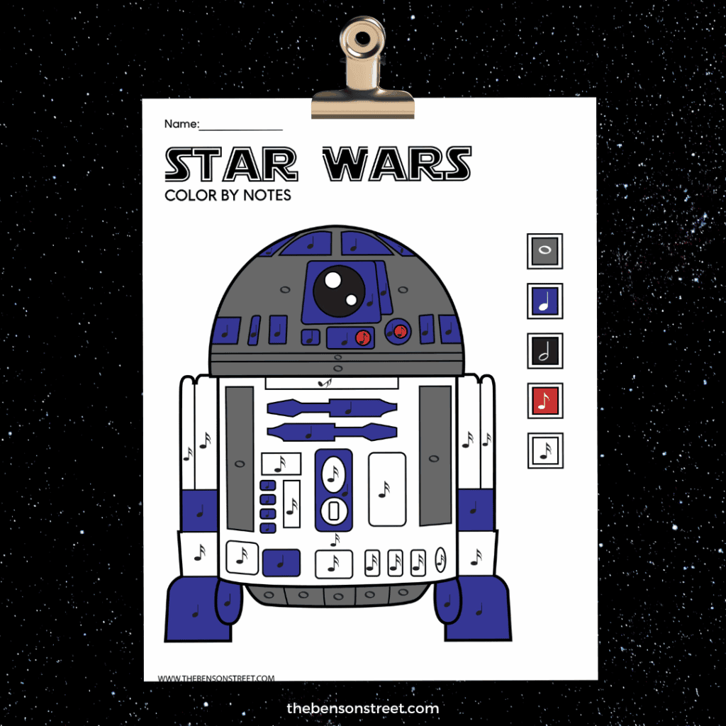 Free Printable Star Wars Inspired R2D2 Color by note page