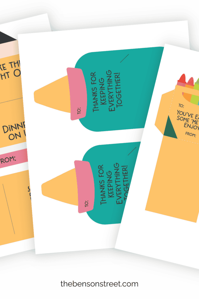 Free Printable Teacher Gift Card Holders, Three different designs fanned out on a flat lay page