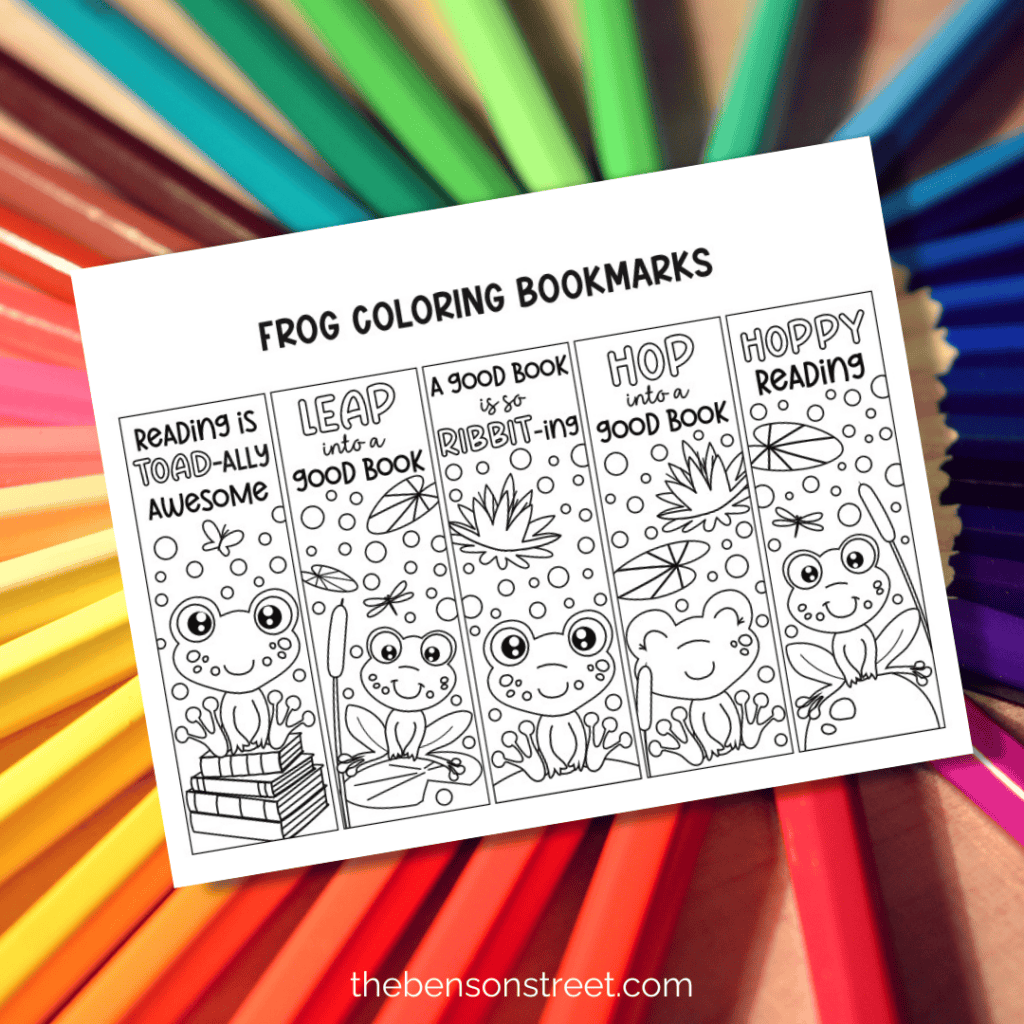 Free Printable frog coloring bookmarks page on top of coloring pencils background