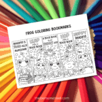 Free Printable frog coloring bookmarks page on top of coloring pencils background