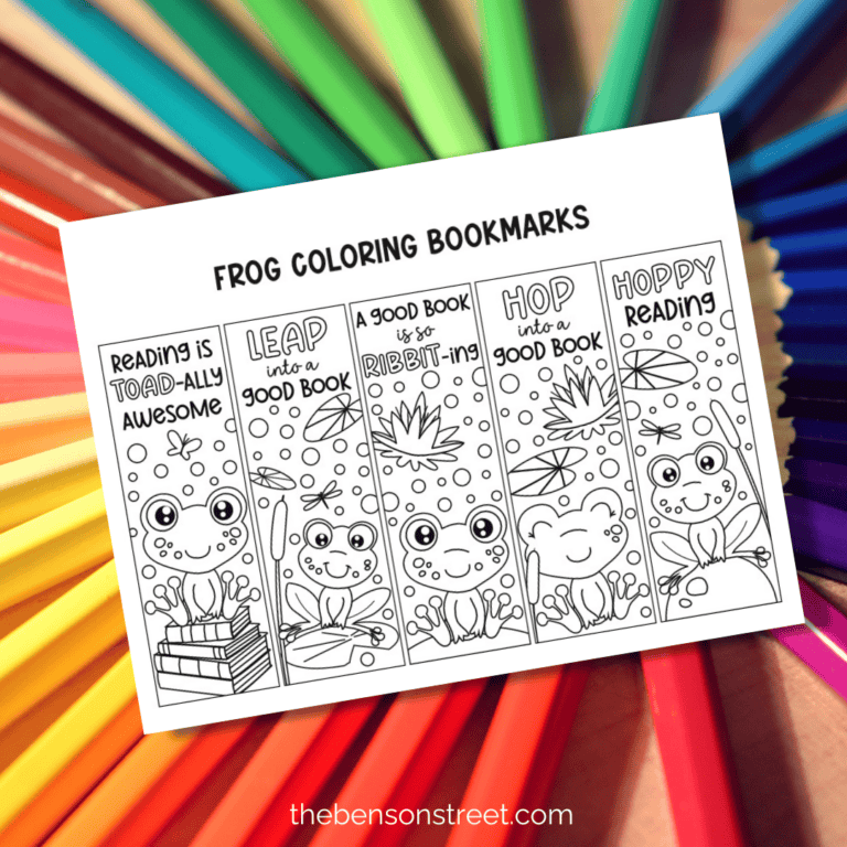 Free Printable frog coloring bookmarks page on top of coloring pencils background