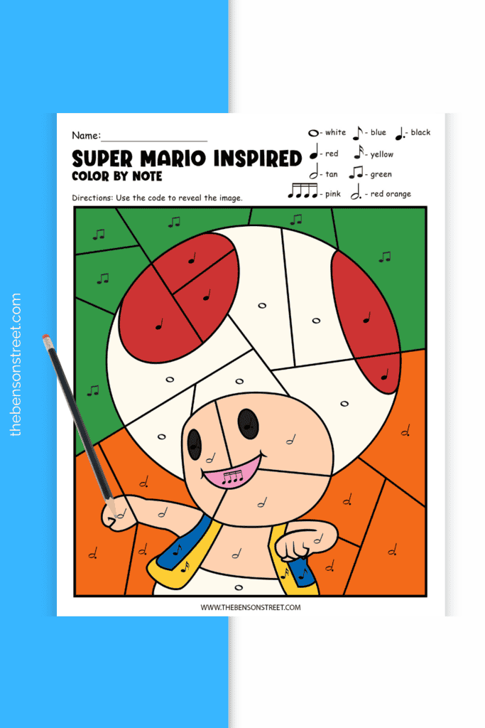 Free Toad Super Mario Inspired Color by Note Page