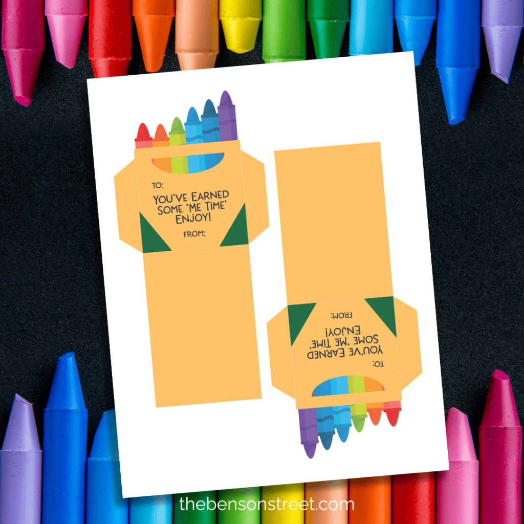 Free printable crayon gift card holder for teacher appreciation with crayons in the background