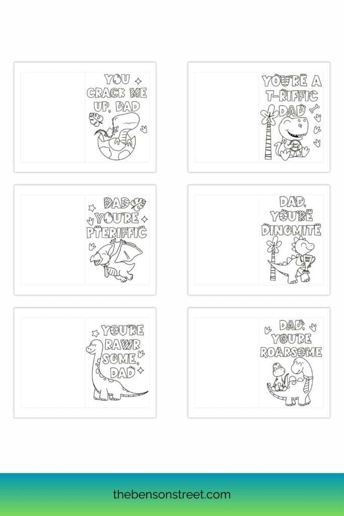 Free printable set of 6 father's day cards to color in with a dino theme