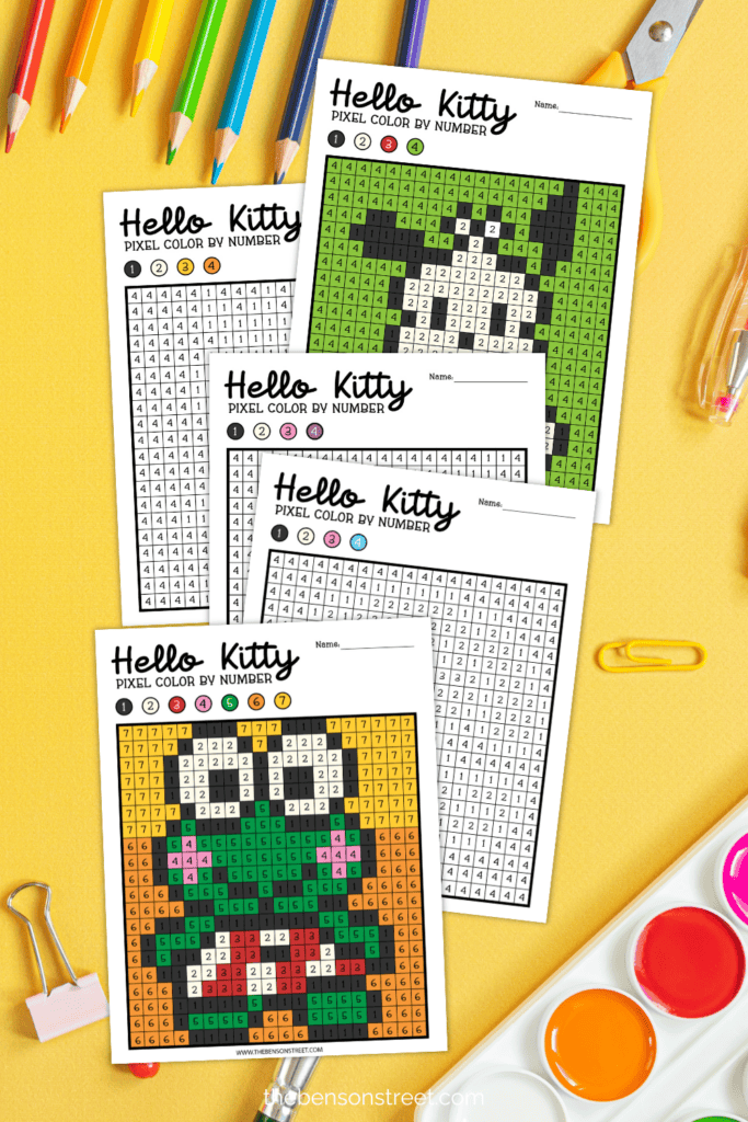 Free to print and color Hello Kitty Pixel Color by Number Pages