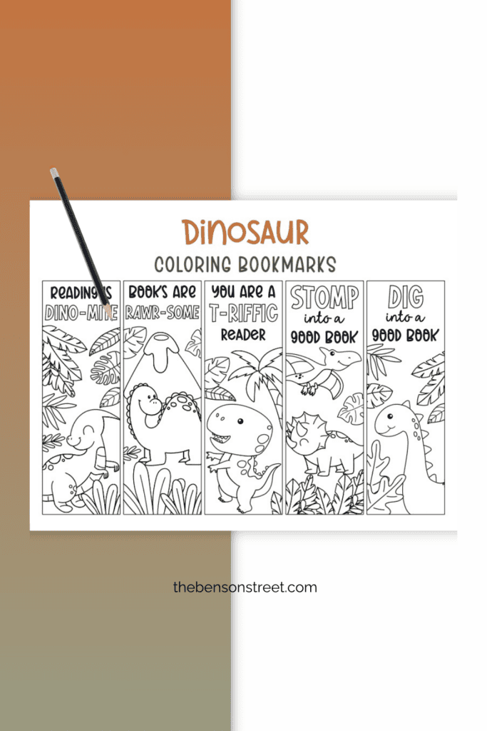 Free to print and color dino themed coloring bookmarks