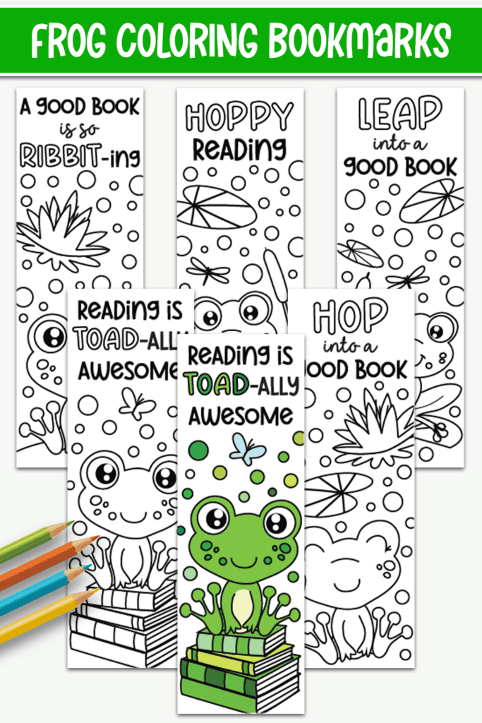 Flat lay of different black and white bookmarks with frogs laid out with the one on top colored in