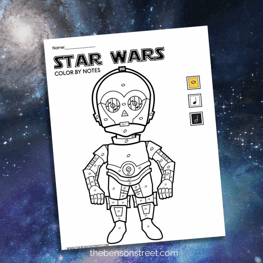 Fun C-3PO Color by note page free printable 