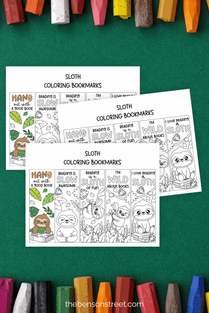 Green backgrounds with crayons on the top and bottom with three pages of black and white coloring bookmarks