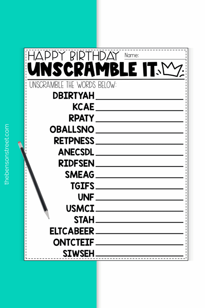 Happy Birthday Unscramble Word Game free printable
