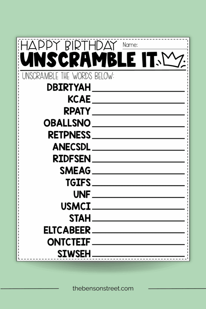 Happy Birthday Unscramble it words with a birthday theme