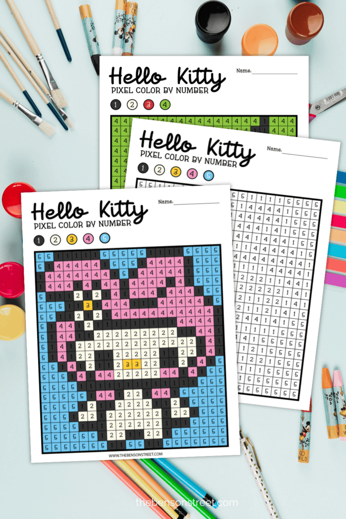Hello Kitty Pixel Color by Number Coloring Pages flat lay