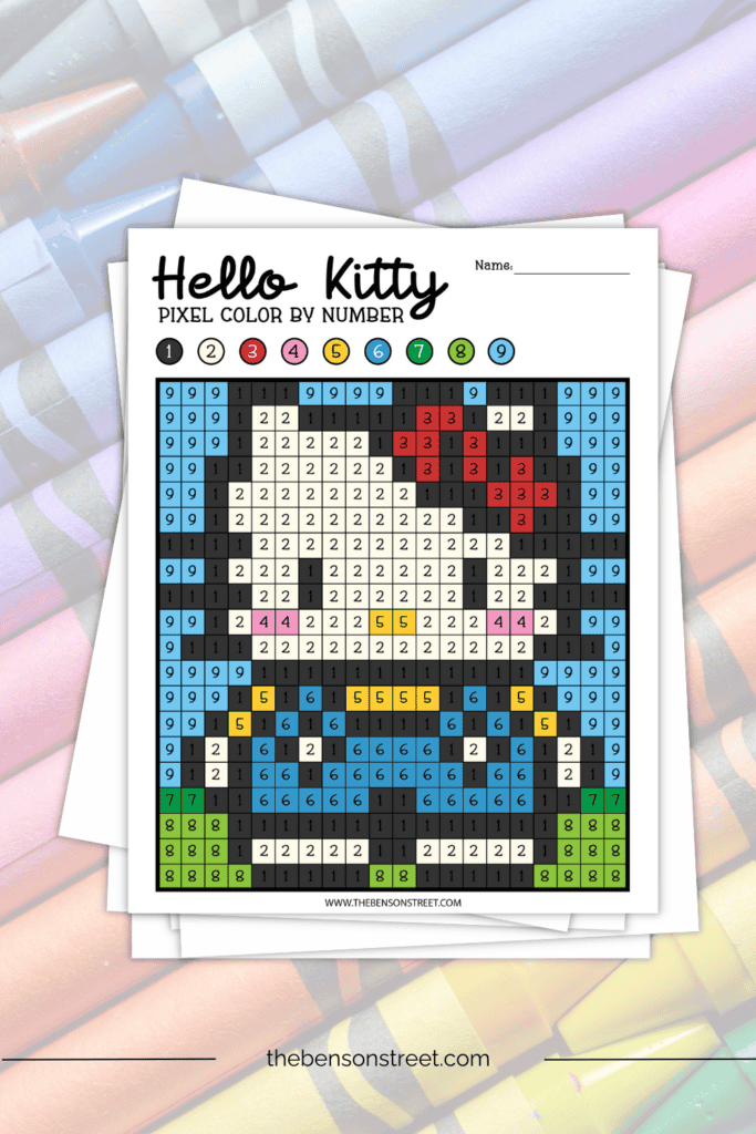Hello Kitty Pixel Color by Number pixel art coloring page