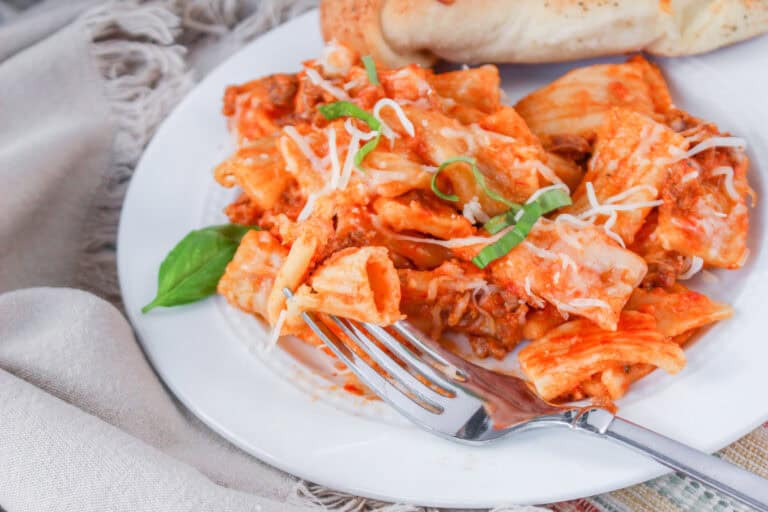 plate of rigatoni with marinara sauce and cheese on a plate with a fork