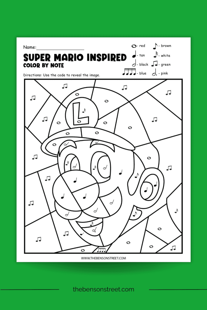 Luigi Color by Note printable on a green background