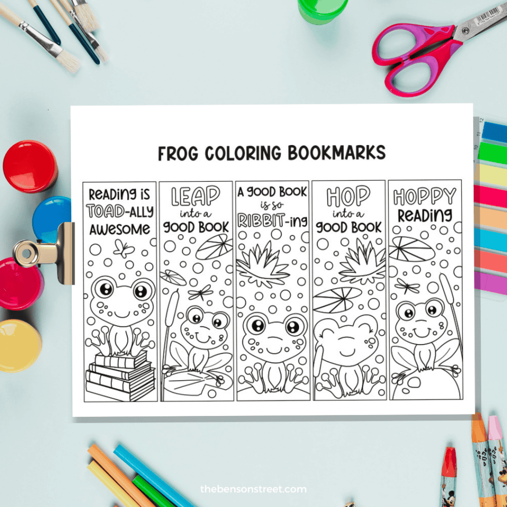 Make your own coloring bookmarks with a frog theme with coloring supplies around the printed out page