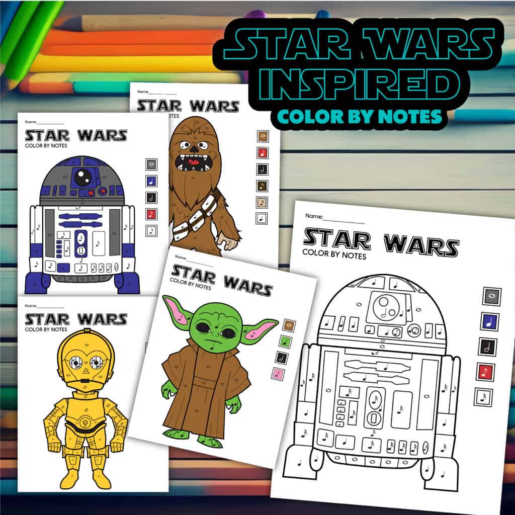 Mock up flat lay of star wars inspired color by note sheets with coloring pencils