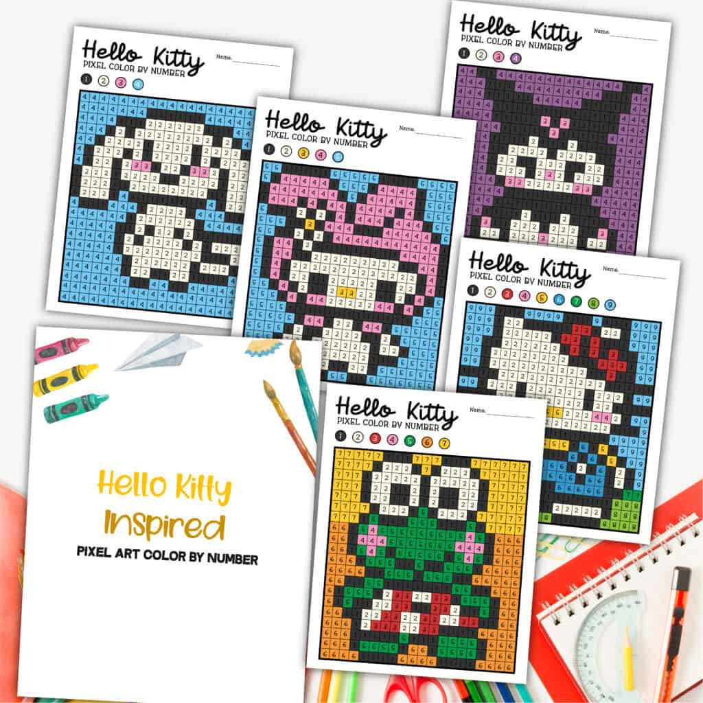 Flat lay mock up of hello kitty coloring by number pages