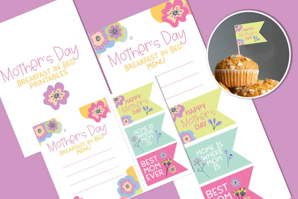 Flat lay of Mother's Day Breakfast in bed sheets with a muffin with a tag on top