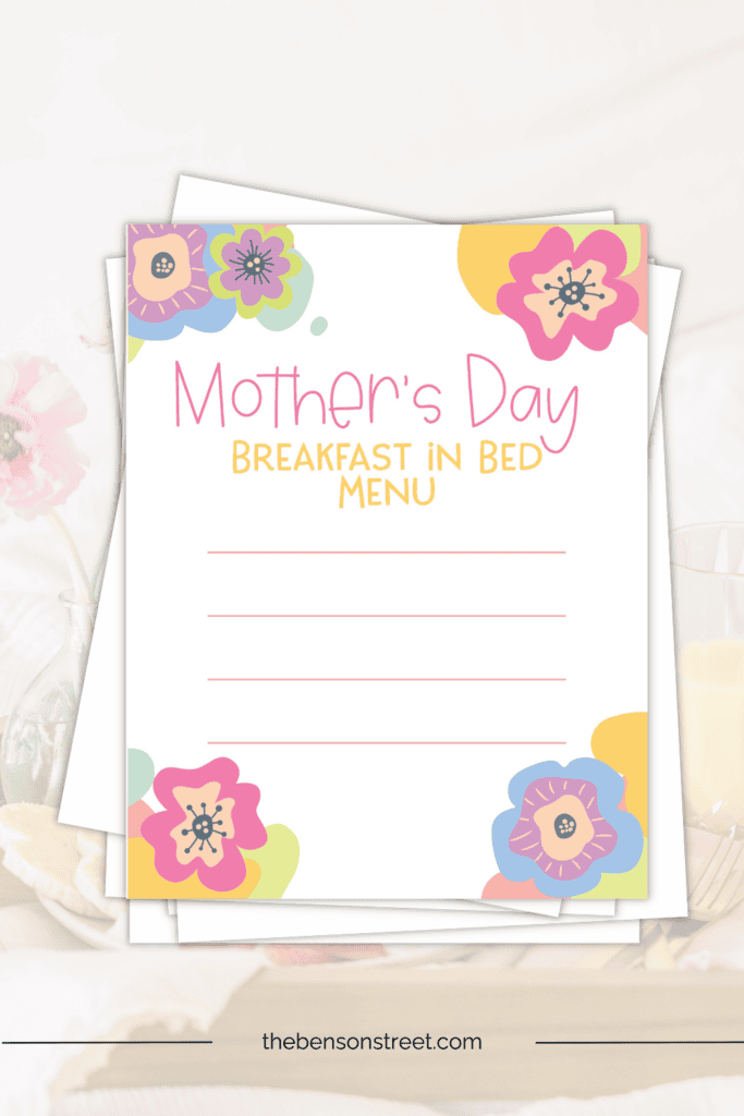 Mother's Day Breakfast in Bed Menu Printed out laying on a stack of papers