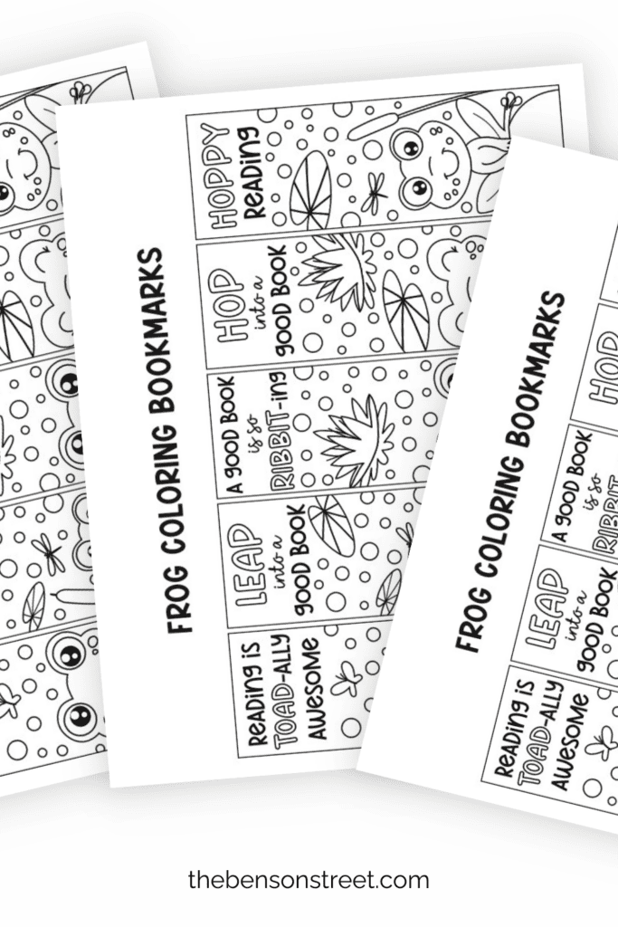Pages of black and white free printable bookmarks with frogs on them fanned out