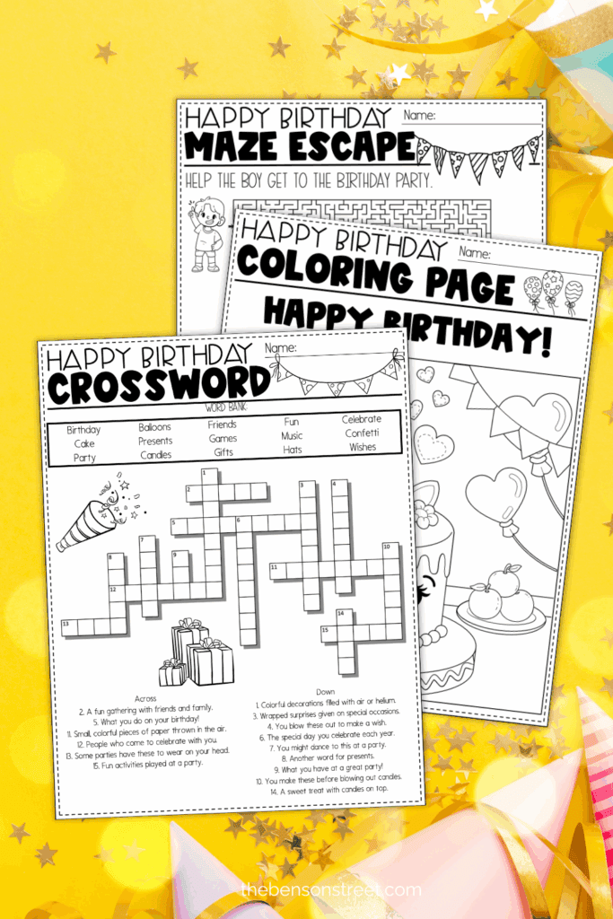 Pages printed out on a birthday background for a birthday activity pack