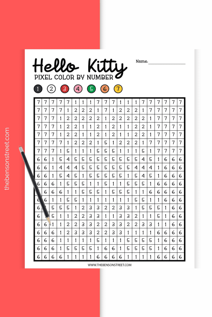 Pixel Color by Number Hello Kitty Sheet with a pencil on top of it